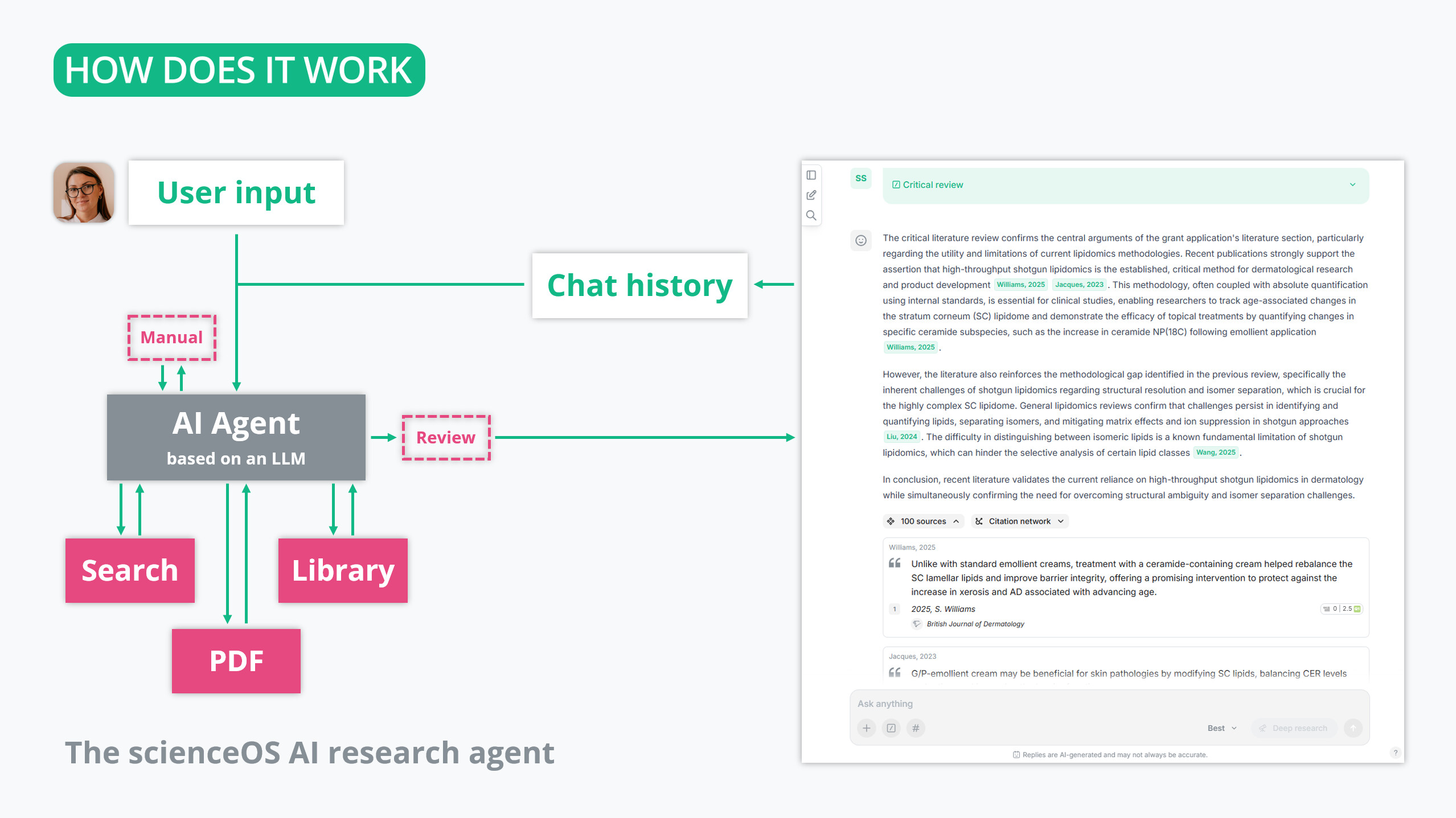Schematic of the scienceOS AI research agent. A user interacts with the AI research agent by entering a request or uploading a file (e.g. PDF). Then, the AI research agent makes use of one or multiple of its tools to generate relevant output. Schematic of the scienceOS AI research agent. A user interacts with the AI research Agent by entering a request. Then, the AI research agent makes use of one or multiple of its tools to generate relevant output.
