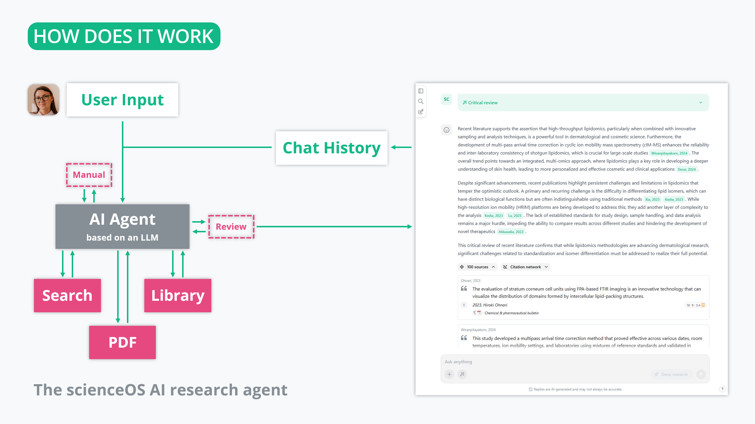 Schematic of the scienceOS AI research agent. A user interacts with the AI research Agent by entering a request. Then, the AI research agent makes use of one or multiple of its tools to generate relevant output.