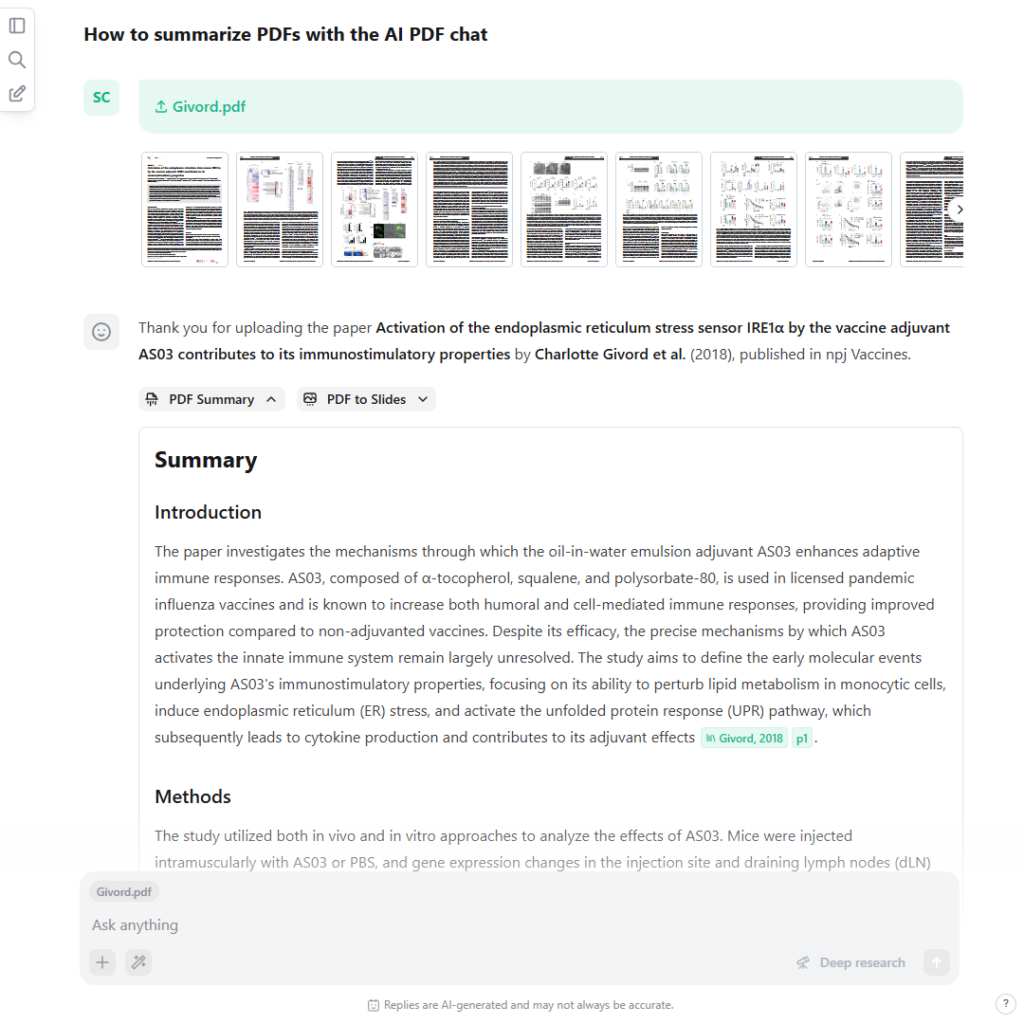 A screenshot showing that the AI PDF Chat of scienceOS contains an AI paper summarizer.