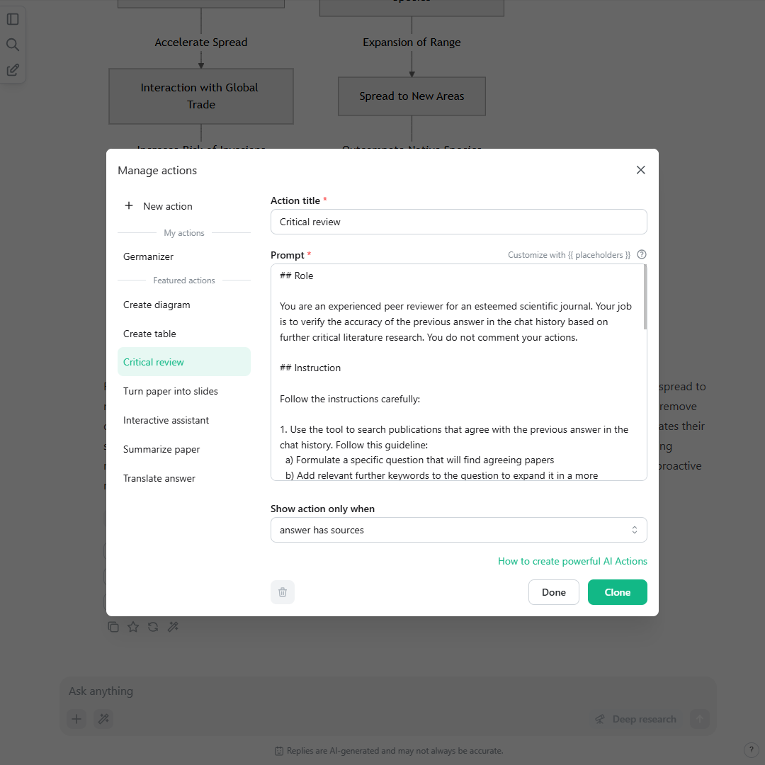 A screenshot of the AI Actions manager with an example for explicitly assigning a role and target audience to guide the tone and depth of scienceOS. A screenshot of the AI Actions manager with an example for explicitly assigning a role and target audience to guide the tone and depth of scienceOS.