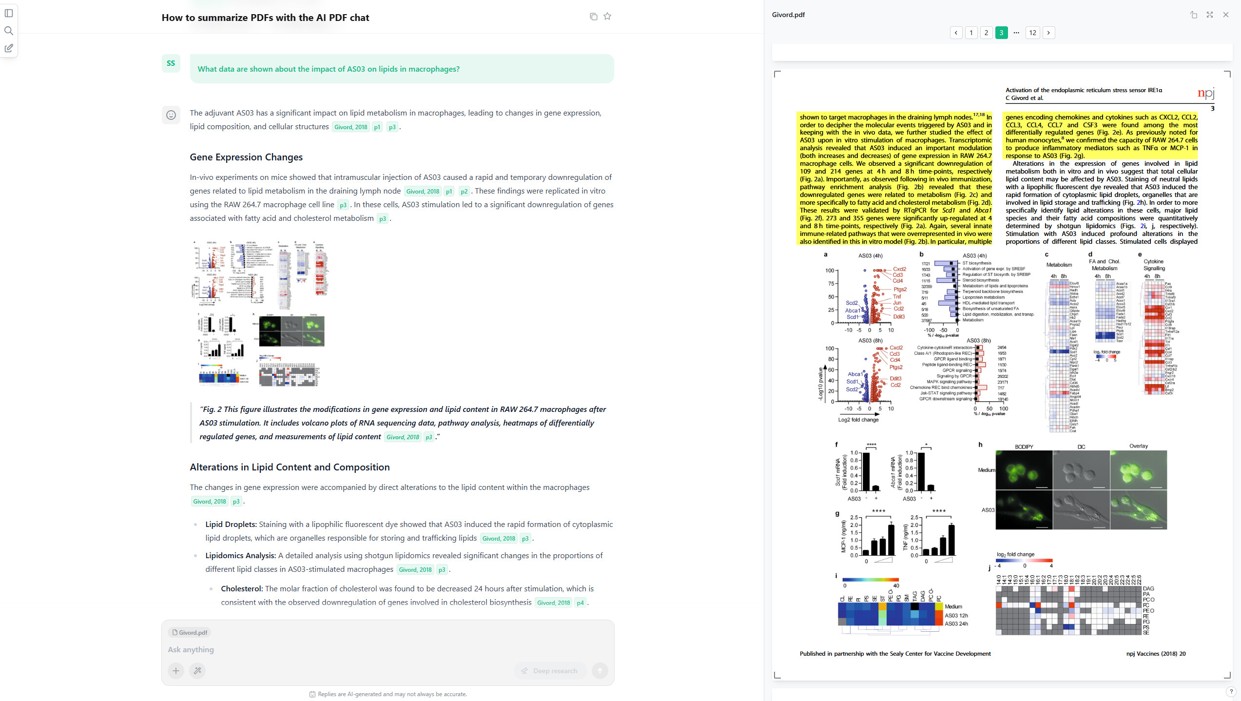 A screenshot of the AI document reader in the AI research app scienceOS showing how the paper and the relevant text fragments are displayed next to the answer. A screenshot of the AI document reader in the AI research app scienceOS showing how the paper and the relevant text fragments are displayed next to the answer.