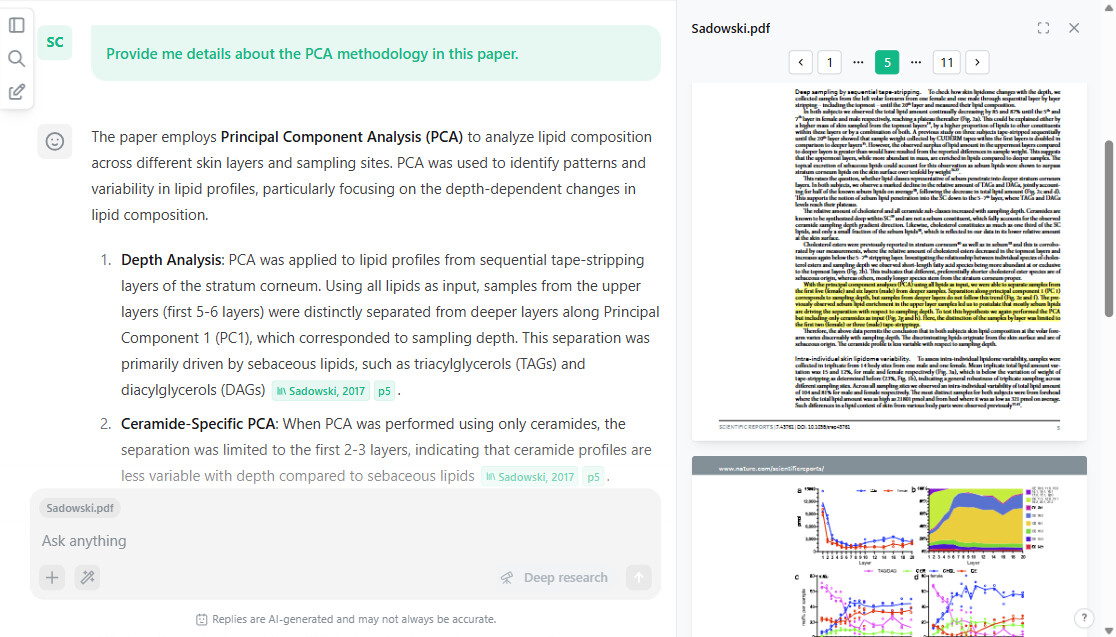 A screenshot of the AI document reader in the AI research app scienceOS showing how the paper and the relevant text fragments are displayed next to the answer. A screenshot of the AI document reader in the AI research app scienceOS showing how the paper and the relevant text fragments are displayed next to the answer.
