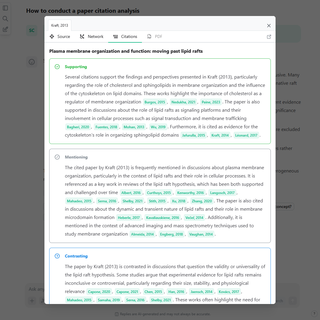 A screenshot showing a citation analysis that groups citation quotes into supporting, mentioning, and contrasting statements as conducted by the AI research tool scienceOS. A screenshot showing a citation analysis that groups citation quotes into supporting, mentioning, and contrasting statements as conducted by the AI research tool scienceOS.