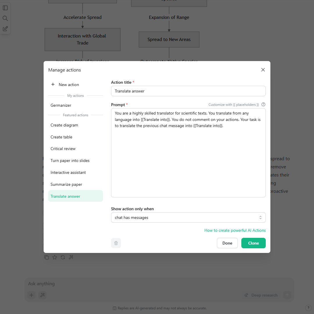A screenshot of the AI Actions manager in the AI research app scienceOS showing the three components of any AI Action: name, prompt, and condition. A screenshot of the AI Actions manager in the AI research app scienceOS showing the three components of any AI Action: name, prompt, and condition.