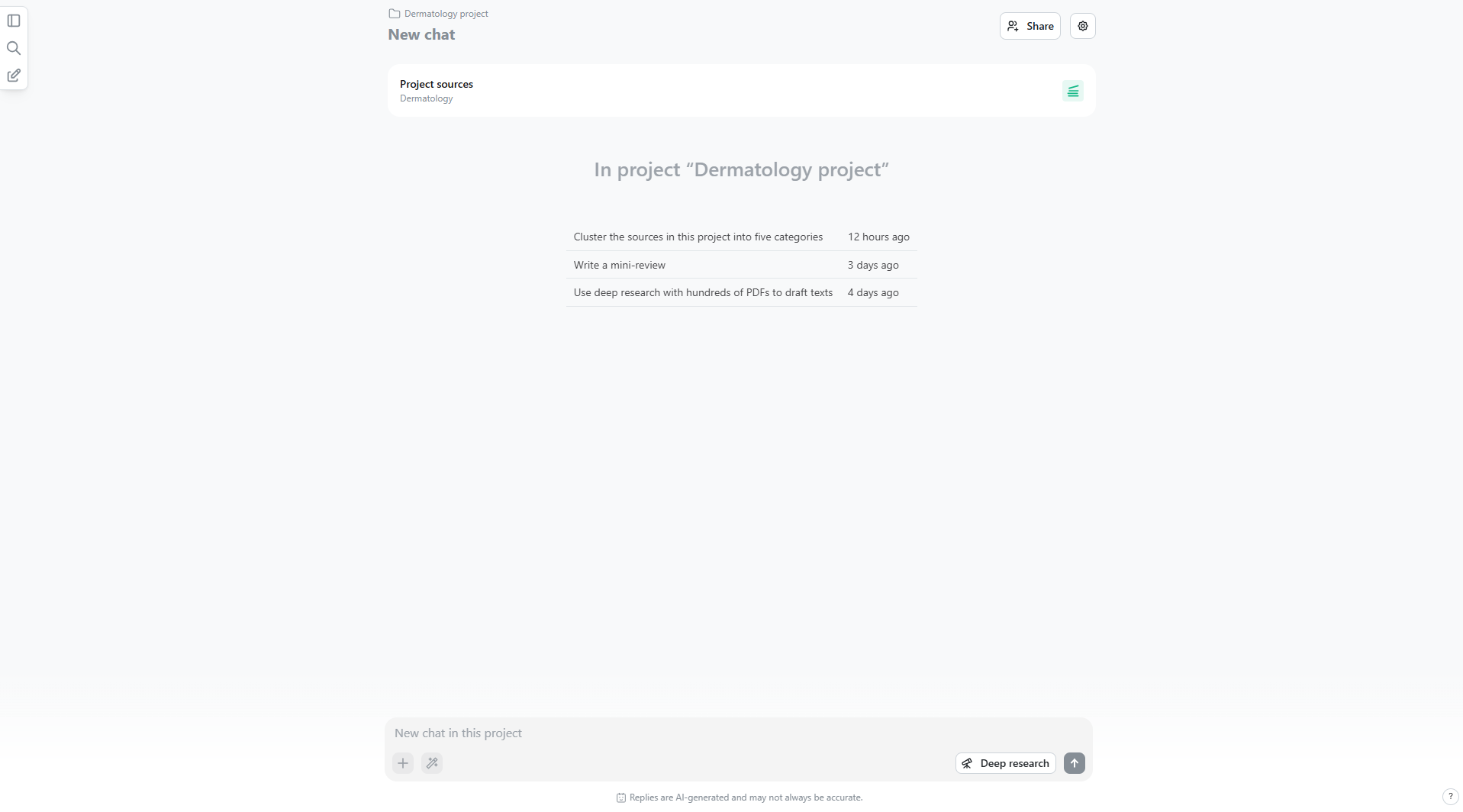 A screenshot of a project’s homepage where the project sources can be changed, colleagues can be invited to join the project, the optional project settings, and a list of previous project chats. A screenshot of a project’s homepage where the project sources can be changed, colleagues can be invited to join the project, the optional project settings, and a list of previous project chats.