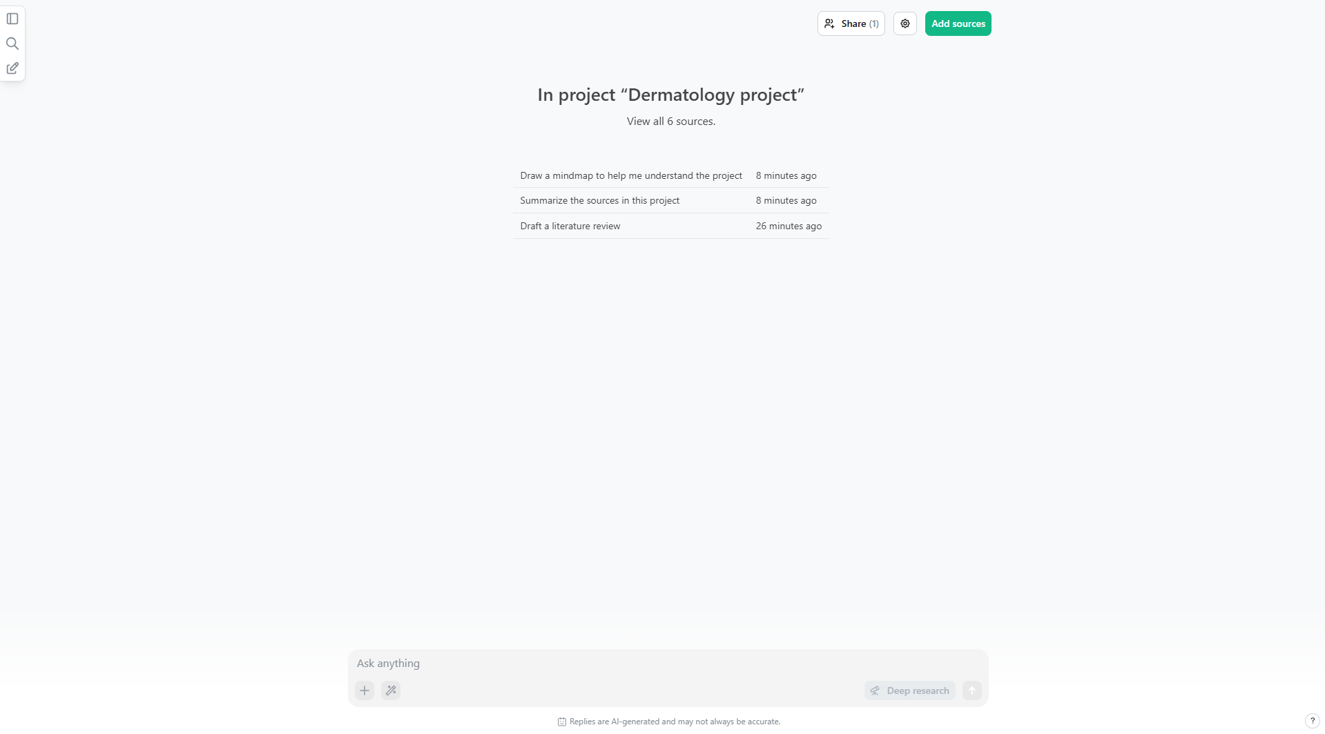 A screenshot of a project’s homepage where the project sources can be changed, colleagues can be invited to join the project, the optional project settings, and a list of previous project chats. A screenshot of a project’s homepage where the project sources can be changed, colleagues can be invited to join the project, the optional project settings, and a list of previous project chats.
