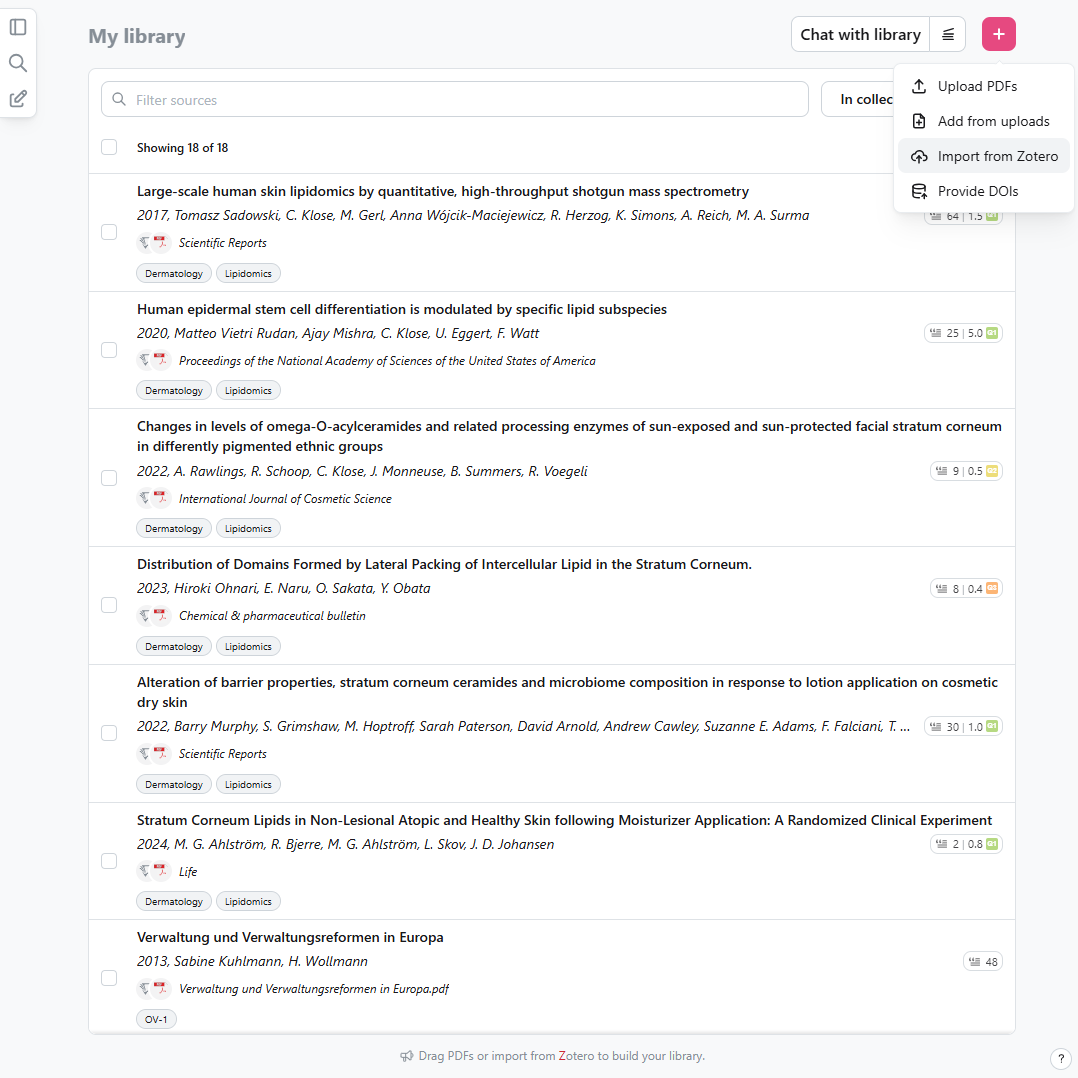 A screenshot of the scienceOS library that shows different options for adding sources to the AI reference manager: uploading PDFs, selecting previously uploaded files, importing from Zotero, and providing a list of DOIs. A screenshot of the scienceOS library that shows different options for adding sources to the AI reference manager: uploading PDFs, selecting previously uploaded files, importing from Zotero, and providing a list of DOIs.