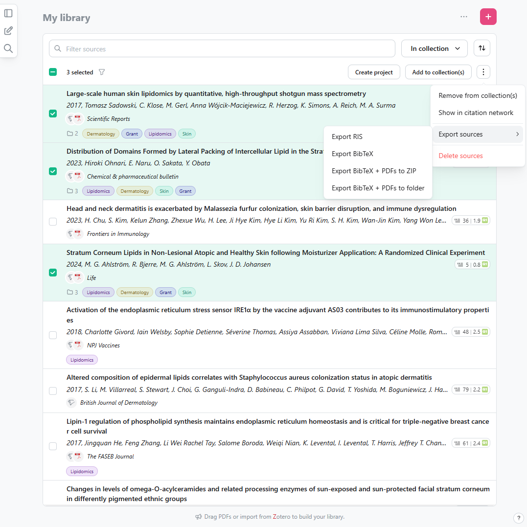 A screenshot of the scienceOS AI reference manager that shows how to export references from scienceOS. A screenshot of the scienceOS AI reference manager that shows how to export references from scienceOS.