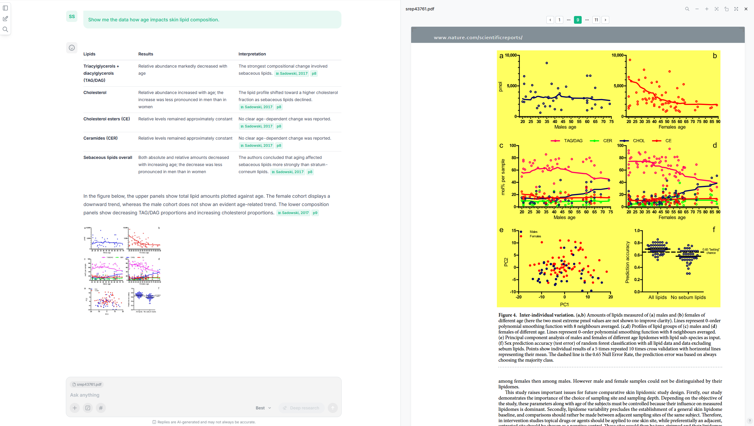 A screenshot of the AI document reader in the AI research app scienceOS showing how the paper and the relevant text fragments are displayed next to the answer.